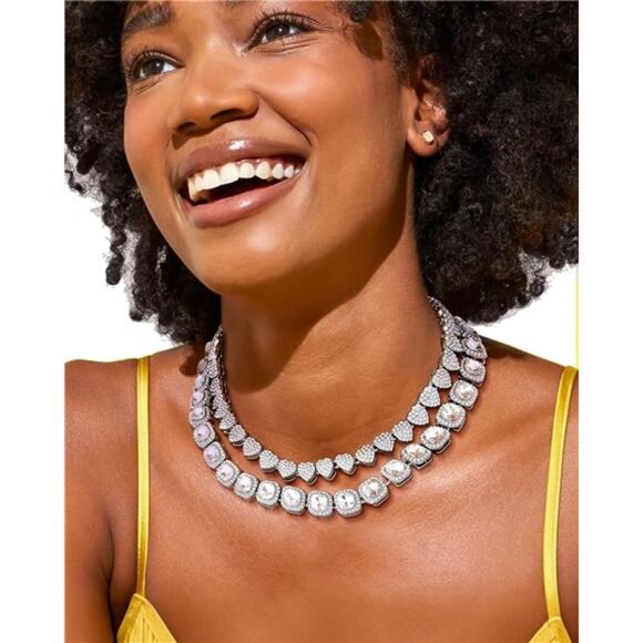 Silver Rhinestone Heart & Diamond Tennis Chain Set | Iced Out Layered Necklace - Picture 2 of 5